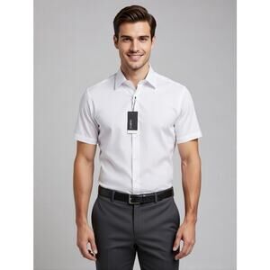 Men's Dress Shirt Button Down OMEGA Italy Designer Short Sleeve XL White